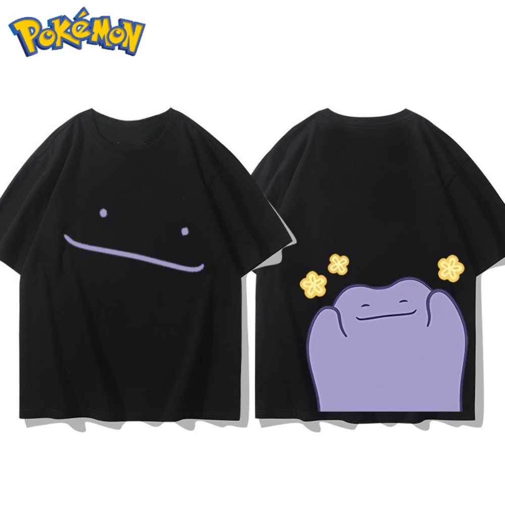 Pokemon Anime Merchandise - 2026年夏 ポケモン ディットー 両面キュートプリントTシャツ、100%コットン オーバーサイズ カップル＆ファミリー向けTシャツ